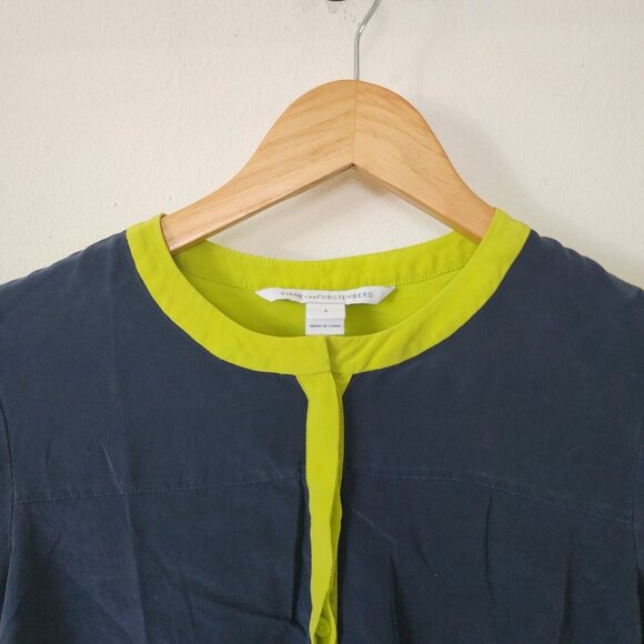 Diane Von Furstenberg Silk Shirt Solid Blue Green 4 Long Sleeve - Picture 2 of 5